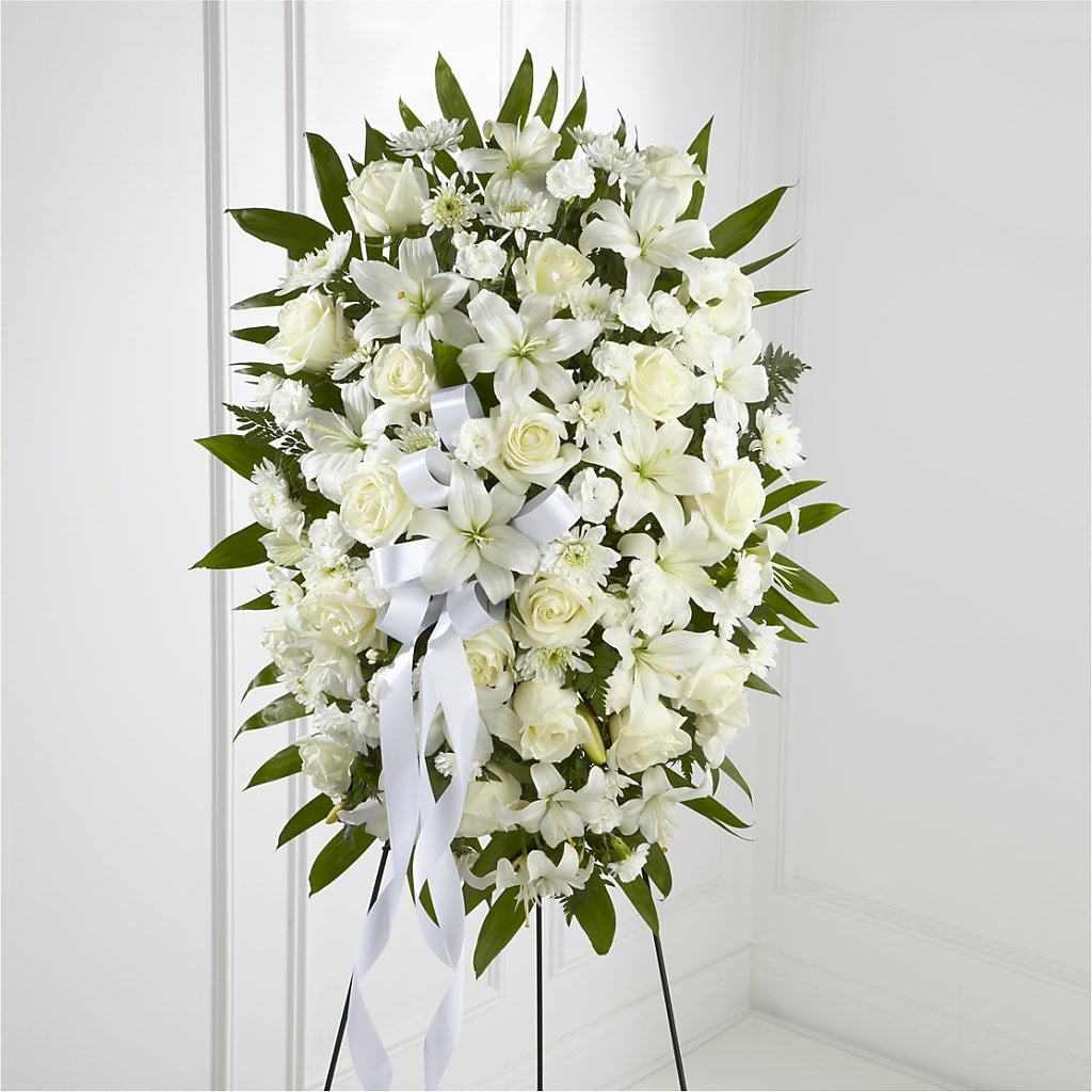 Exquisite Tribute Standing Spray-White Ribbon – LESLIE'S FLOWERS & PARTY SUPPLIES, Howell NJ