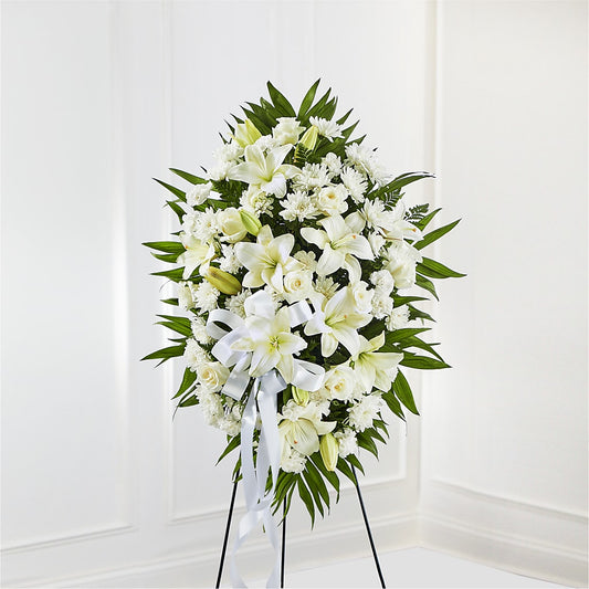 Exquisite Tribute Standing Spray-White Ribbon – LESLIE'S FLOWERS & PARTY SUPPLIES, Howell NJ