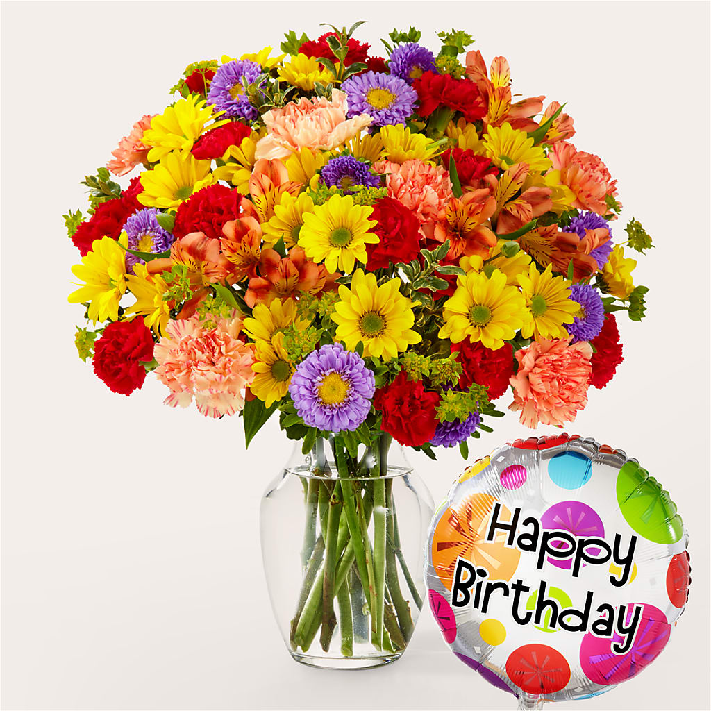 Kaleidoscope Bouquet with Birthday Balloon – LESLIE'S FLOWERS & PARTY SUPPLIES, Howell NJ