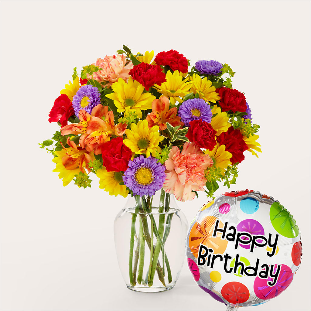 Kaleidoscope Bouquet with Birthday Balloon – LESLIE'S FLOWERS & PARTY SUPPLIES, Howell NJ