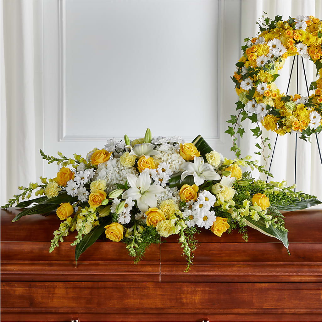 Golden Harmony Casket Spray – LESLIE'S FLOWERS & PARTY SUPPLIES, Howell NJ
