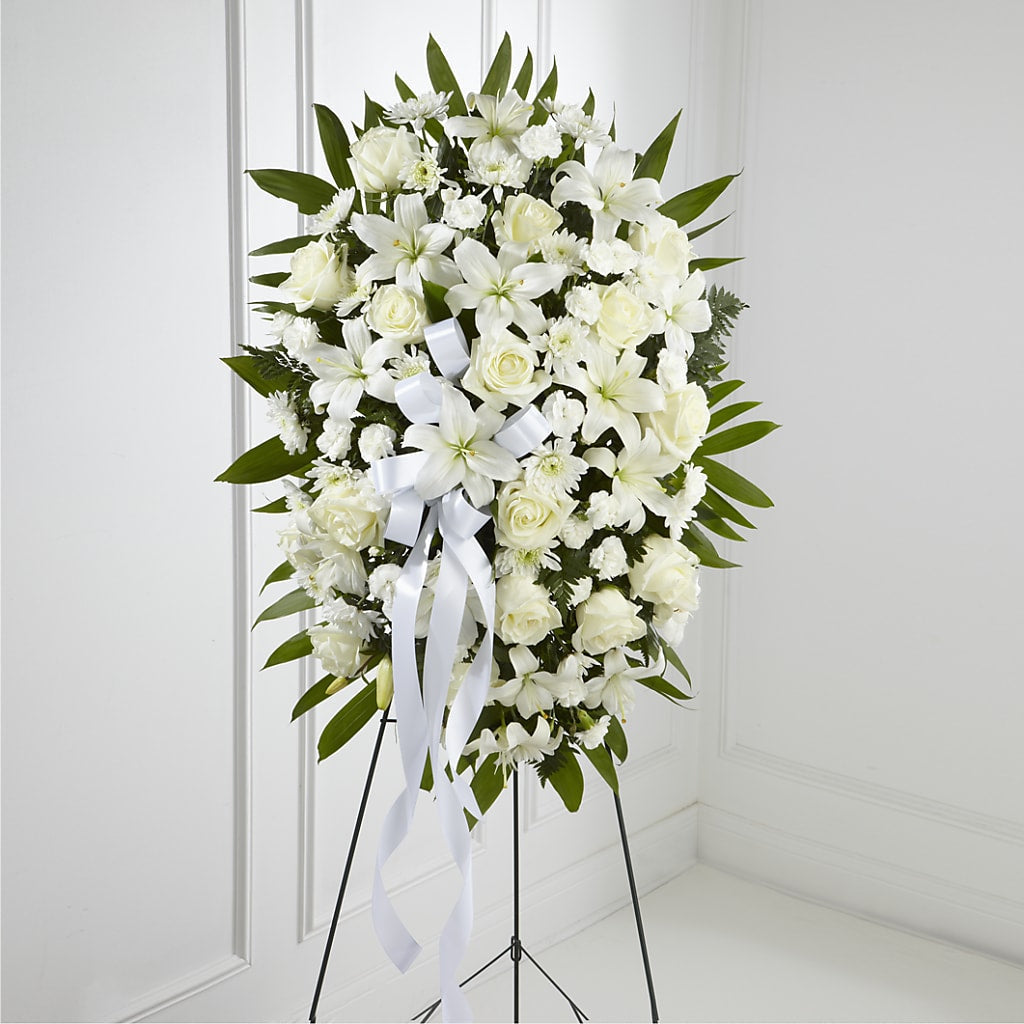 Exquisite Tribute Standing Spray-White Ribbon – LESLIE'S FLOWERS & PARTY SUPPLIES, Howell NJ