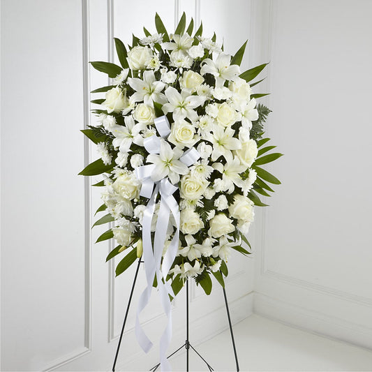 Exquisite Tribute Standing Spray-White Ribbon – LESLIE'S FLOWERS & PARTY SUPPLIES, Howell NJ