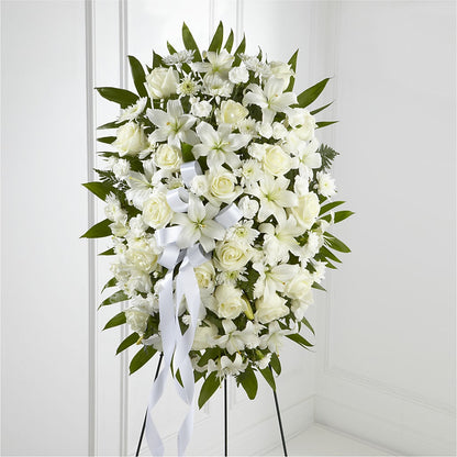 Exquisite Tribute Standing Spray-White Ribbon – LESLIE'S FLOWERS & PARTY SUPPLIES, Howell NJ