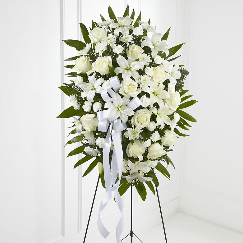 Exquisite Tribute Standing Spray-White Ribbon – LESLIE'S FLOWERS & PARTY SUPPLIES, Howell NJ