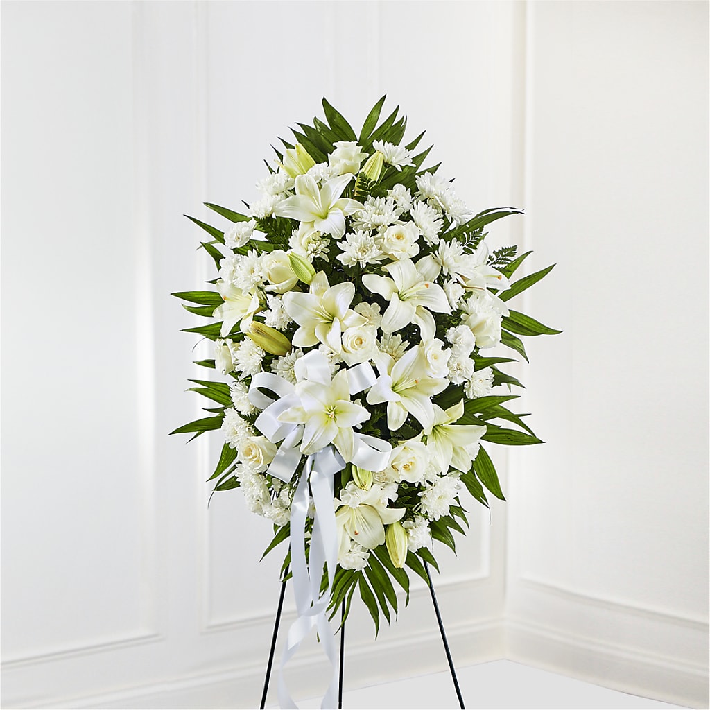 Exquisite Tribute Standing Spray-White Ribbon – LESLIE'S FLOWERS & PARTY SUPPLIES, Howell NJ